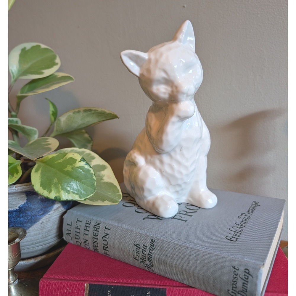 Vintage White Ceramic Cat Figurine Textured Kitten Statue Mid Century Decor 6.5"